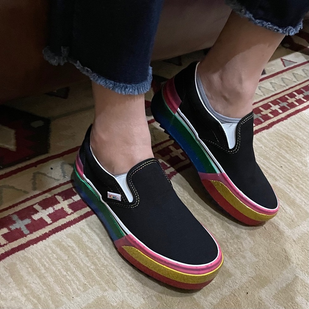 Vans Black Slip-On Shoes with Rainbow Soles